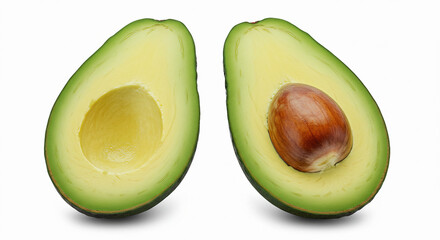 Half avocado with seed, isolated on white. Image for food, health or tropical diet visuals.