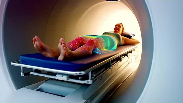 Woman undergoing MRI or CT scan, lying on bed inside machine. VFX animation of brain and body scan with sci-fi augmented reality in modern medical equipment