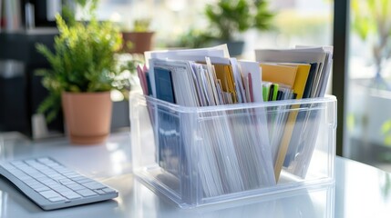 A clear plastic file organizer with documents neatly sorted inside, on a white desk.