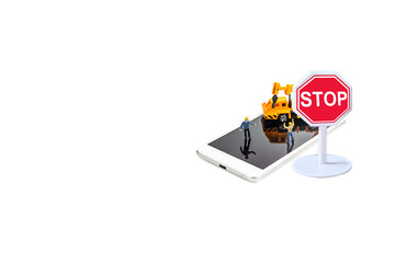 stop sign with smartphone isolated on white background.