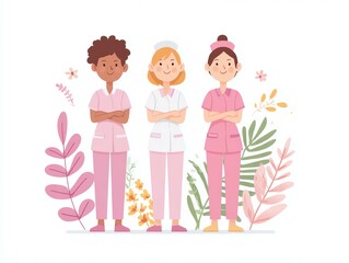 Three nurses stand together in a flowery background.