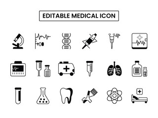 Medical Line Icon Set contains Stethoscope, Ambulance, Doctor, Syringe, Serum, First Aid Kit and so on icons.