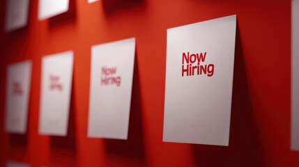 Now hiring notices displayed on a vibrant red wall attract potential job seekers.