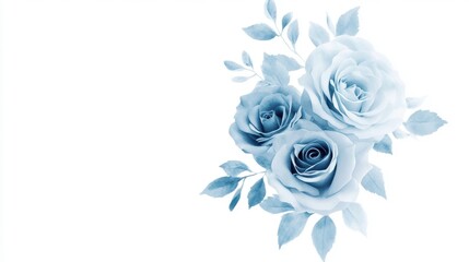 Delicate floral arrangement, soft blue roses with green leaves, ideal for invitations or calming backgrounds.