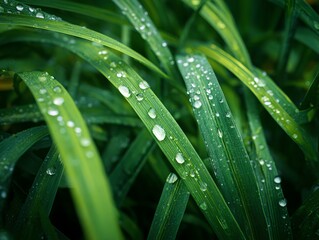 Lush green field with raindrops on the leaves.