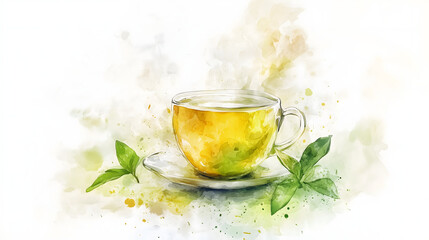 Watercolor Illustration of green tea. Watercolor illustration of non-alcoholic drinks on white background.