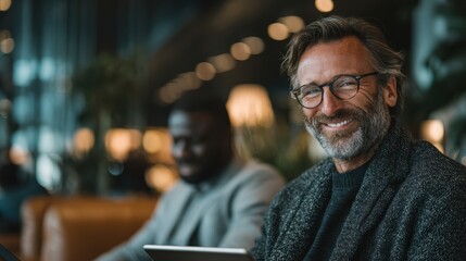 Professionals working on digital tablets in a cafe, blending business with a relaxed environment