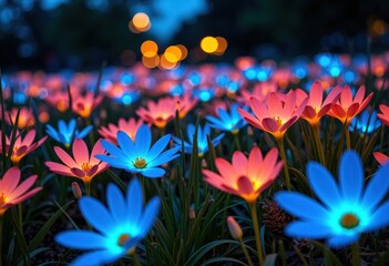 Vibrant glowing flowers illuminate a dark outdoor garden scene with colorful light effects