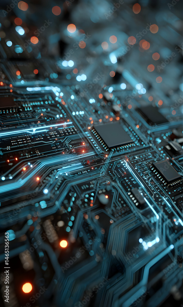 Poster intricate pathways of circuitry connect components in a futuristic technology landscape creating dyn