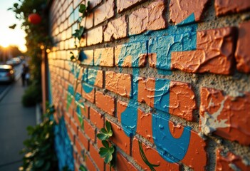 Fototapeta premium Colorful graffiti on a textured brick wall with vibrant hues and plants