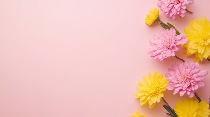 Naklejka premium Vibrant floral arrangement, colorful pink and yellow flowers on soft pink background, decorative element for design projects.