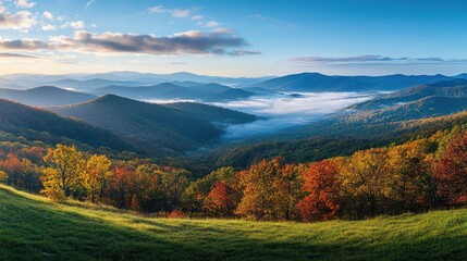Autumnal Mountain Majesty: A Breathtaking Panorama of Fall Foliage and Misty Valleys