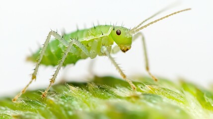 Fototapeta premium A close-up of a green aphid feeding on a plant, isolated on a white background