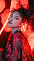 Portrait of Stylish Asian Woman with Dramatic Makeup and Feathers in Hair in Red Illuminated Studio