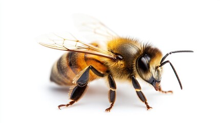 A close-up of a honey beeâ€™s wings and striped body, displayed on white