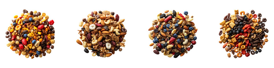 Set, group, collection of Trail Mix and Snacks isolated on a transparent background.