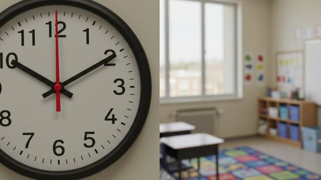 Classroom Time: A close-up shot of a clock face set against a backdrop of a classroom setting. The image evokes a sense of time passing and learning.