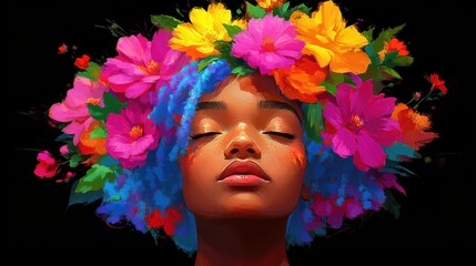 Colorful artistic portrait, person with vibrant blue hair adorned with bright flowers, embracing creativity and self-expression.