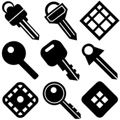 A collection of 9 black and white vector key icons, featuring flat and solid designs, including single keys and keyrings, displayed in a 3x3 grid on a white background