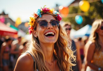 Joyful woman with flower crown laughing at a vibrant outdoor festival