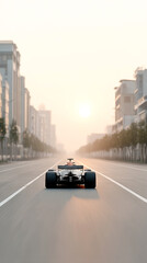 A race car speeds down an empty city street at sunrise, flanked by modern buildings and bathed in soft, golden light.