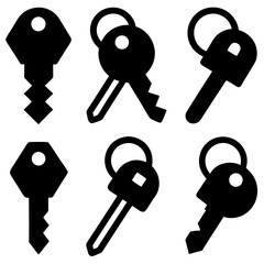 A collection of 9 black and white vector key icons, featuring flat and solid designs, including single keys and keyrings, displayed in a 3x3 grid on a white background