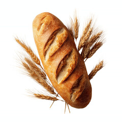 Crusty Bread Loaf with Wheat Stalks on Vibrant Green Transparent background
