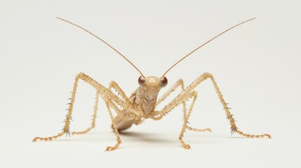 A close-up of a mantophasmatid insect standing still on a white background