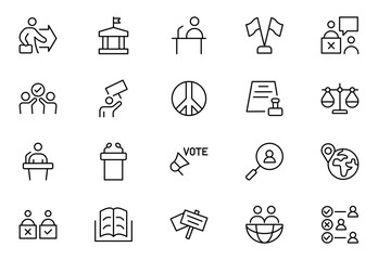 Politics outline Icon Set. A comprehensive collection of icons representing political themes, perfect for enhancing campaign materials, educational resources, and civic engagement initiatives.
