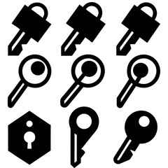 A collection of 9 black and white vector key icons, featuring flat and solid designs, including single keys and keyrings, displayed in a 3x3 grid on a white background