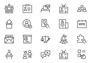 Politics outline Icon Set. A comprehensive collection of icons representing political themes, perfect for enhancing campaign materials, educational resources, and civic engagement initiatives.
