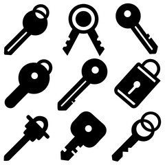 A collection of 9 black and white vector key icons, featuring flat and solid designs, including single keys and keyrings, displayed in a 3x3 grid on a white background