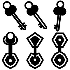 A collection of 9 black and white vector key icons, featuring flat and solid designs, including single keys and keyrings, displayed in a 3x3 grid on a white background