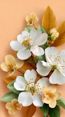 Elegant Floral Arrangement featuring White and Peach Blossoms with Green and Gold Leaves against Peach Background