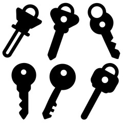 A collection of 9 black and white vector key icons, featuring flat and solid designs, including single keys and keyrings, displayed in a 3x3 grid on a white background