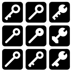A collection of 9 black and white vector key icons, featuring flat and solid designs, including single keys and keyrings, displayed in a 3x3 grid on a white background