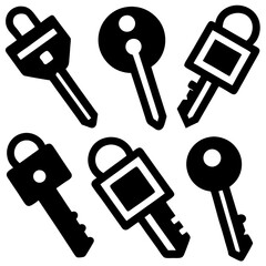 A collection of 9 black and white vector key icons, featuring flat and solid designs, including single keys and keyrings, displayed in a 3x3 grid on a white background