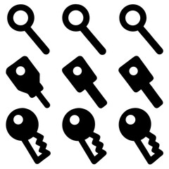A collection of 9 black and white vector key icons, featuring flat and solid designs, including single keys and keyrings, displayed in a 3x3 grid on a white background