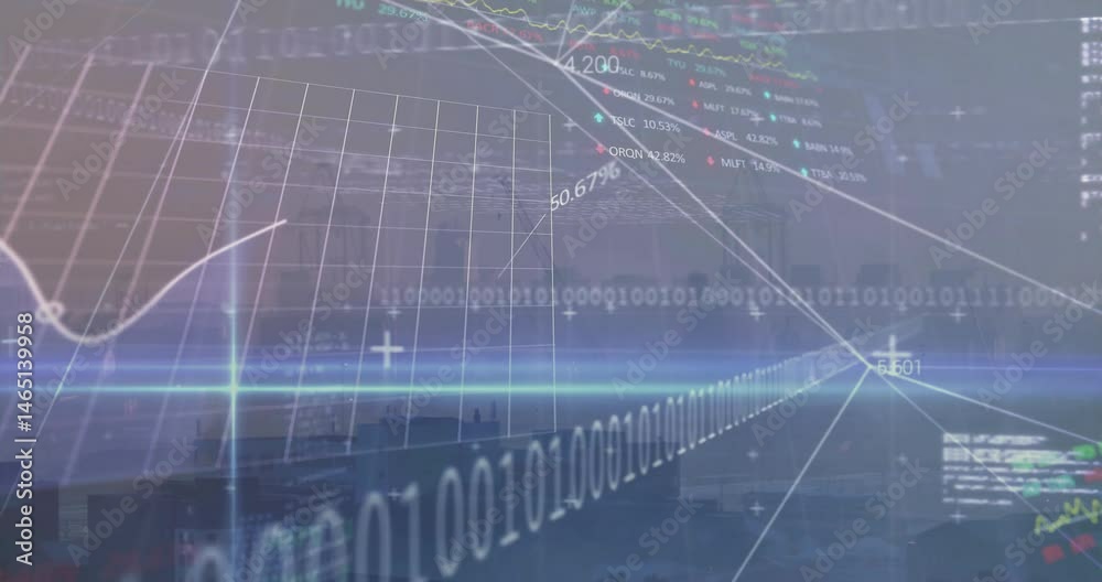 Poster abstract digital data visualization showing curved graphs, binary code, stock tickers, grid planes