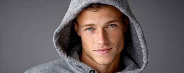 Obraz premium A young man with striking blue eyes wears a gray hoodie, exuding confidence and charisma.