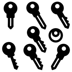 A collection of 9 black and white vector key icons, featuring flat and solid designs, including single keys and keyrings, displayed in a 3x3 grid on a white background