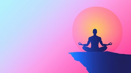 A sleek advertisement poster portraying a tranquil morning scene with a fitness enthusiast meditating on a cliff edge, complemented by serene colors and stylish typography presenting health tips and