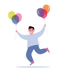 Cheerful boy runs with balloons in both hands. Happy child at the party. Vector flat graphics.
