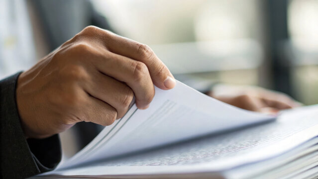 Person is flipping through documents, showcasing focused and analytical approach to reviewing information