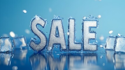 Floating ice cubes form frozen letters conveying the word sale in a serene blue setting