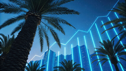 Fototapeta premium Stunning view of palm trees against backdrop of illuminated business graphs, showcasing modern urban landscape night