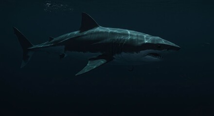 Obraz premium Great White Shark Swimming Underwater in Dark Ocean Depths Wildlife