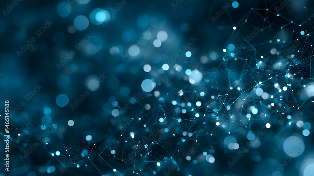 Poster digital network connections are glowing in an array of blue with complex geometric shapes scattered