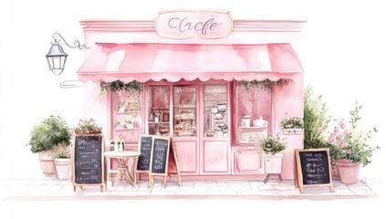 Pastel-colored charming cafe exterior with window displays of pastries and drinks.  Charming pink storefront with outdoor seating