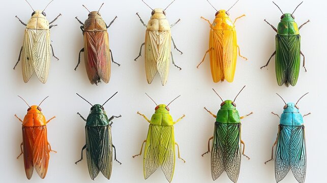 A collection of leafhoppers in different colors, displayed on a white surface